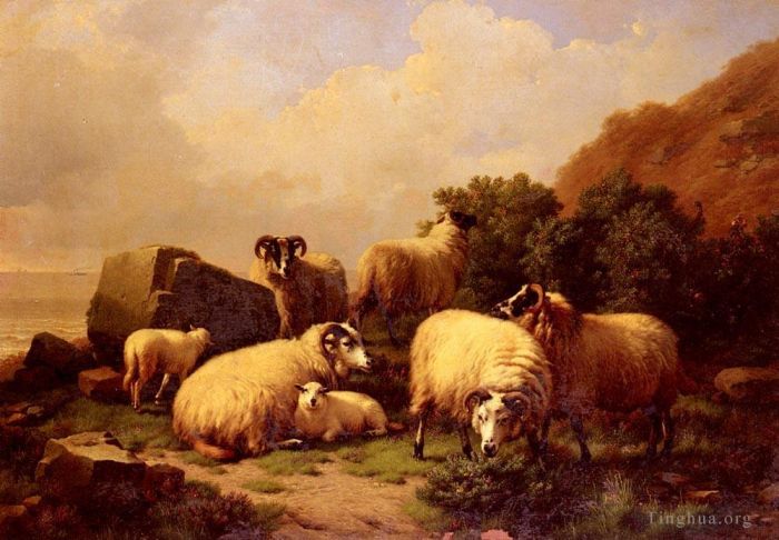 Eugène Verboeckhoven Peinture à l'huile - Des moutons paissant près de la côte