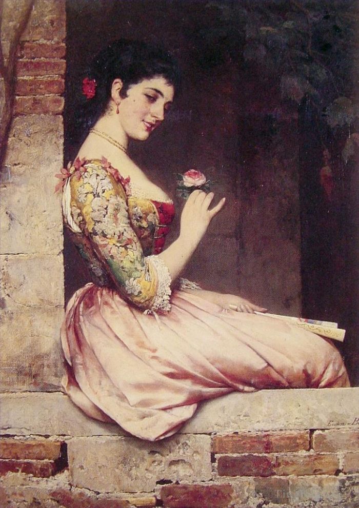 Eugene de Blaas Peinture à l'huile - La dame aux roses