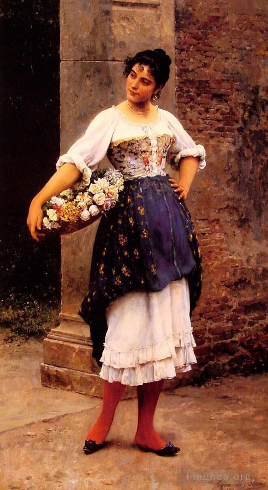 Eugene de Blaas Peinture à l'huile - Dame vénitienne marchande de fleurs