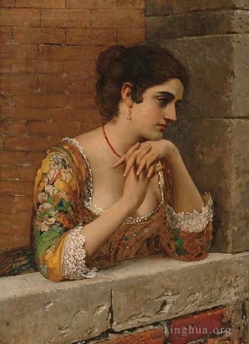Eugene de Blaas Peinture à l'huile - Von beauté vénitienne sur la dame du balcon
