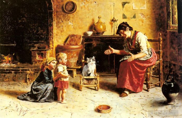 Eugenio Zampighi Peinture à l'huile - Le premier pas d'un enfant