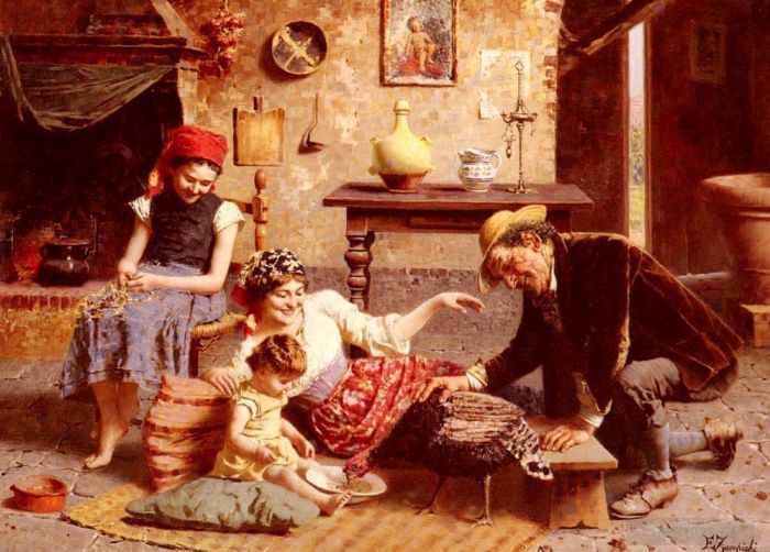 Eugenio Zampighi Peinture à l'huile - Une famille heureuse