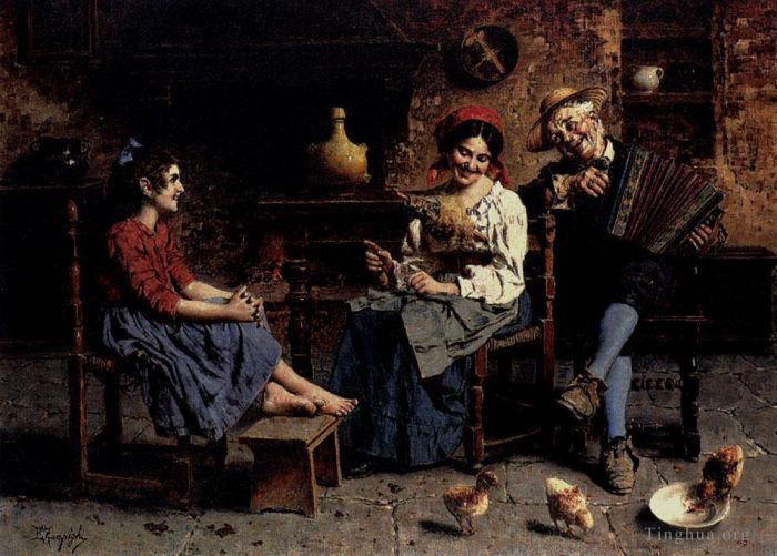 Eugenio Zampighi Peinture à l'huile - Une mélodie joyeuse