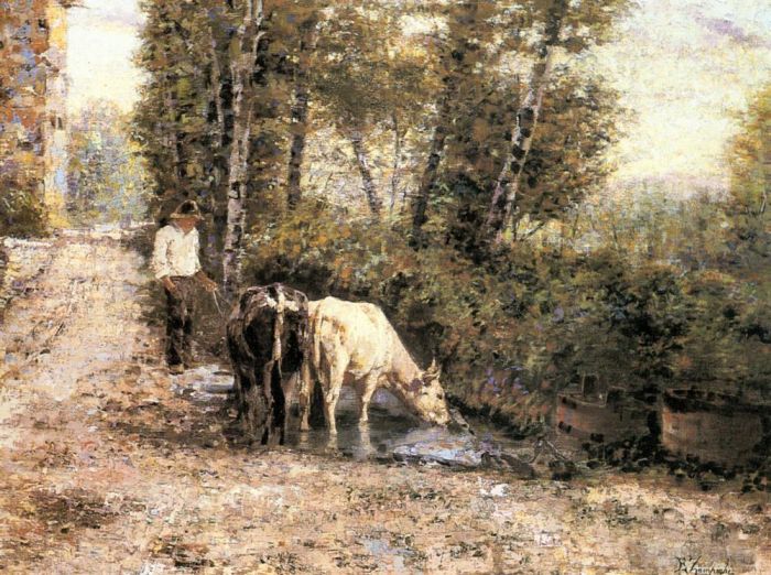 Eugenio Zampighi Peinture à l'huile - Vaches abreuvant dans une piscine tranquille