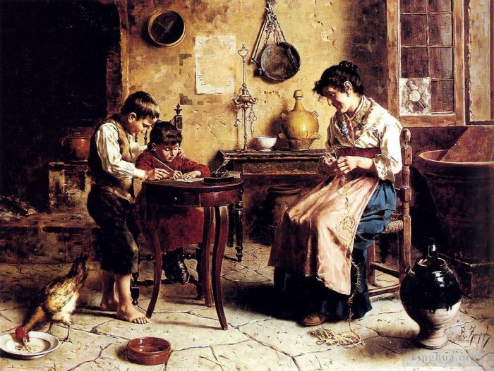 Eugenio Zampighi Peinture à l'huile - La leçon d'écriture