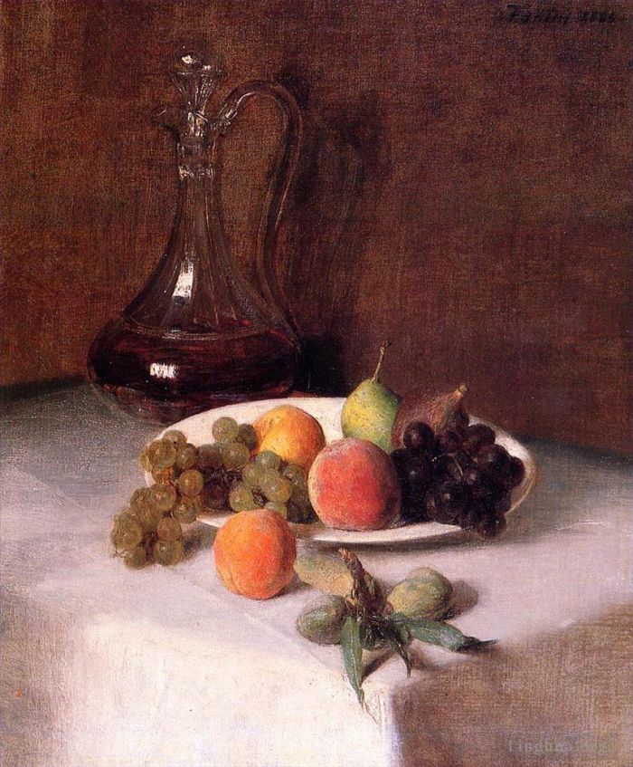 Henri Fantin-Latour Peinture à l'huile - Une carafe de vin et une assiette de fruits sur une nappe blanche