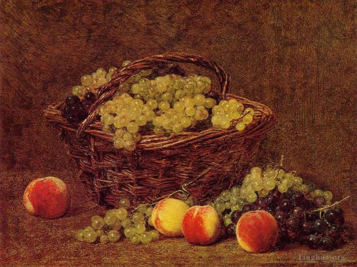 Henri Fantin-Latour Peinture à l'huile - Panier de raisins blancs et de pêches