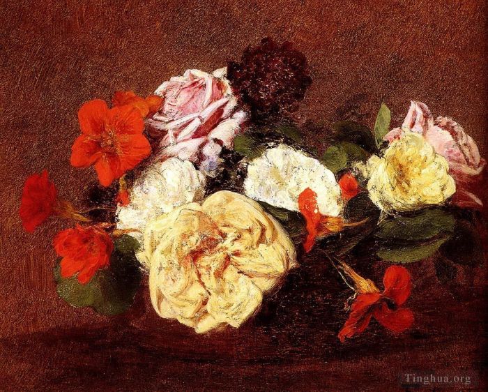 Henri Fantin-Latour Peinture à l'huile - Bouquet De Roses Et Capucines