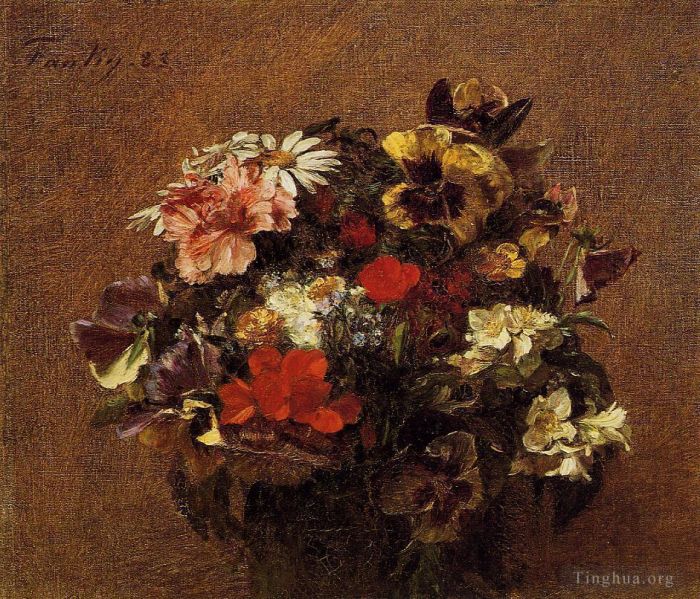 Henri Fantin-Latour Peinture à l'huile - Bouquet de fleurs pensées