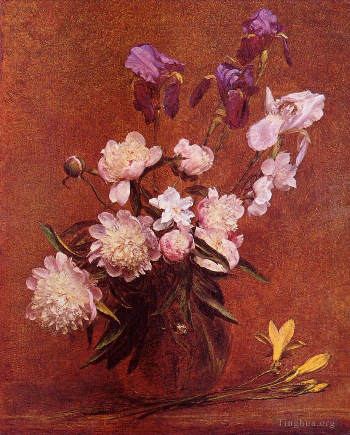 Henri Fantin-Latour Peinture à l'huile - Bouquet de pivoines et d'iris