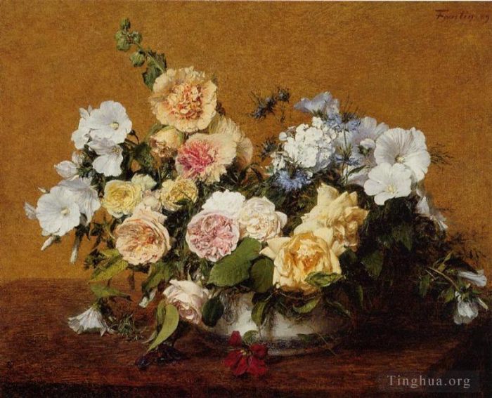 Henri Fantin-Latour Peinture à l'huile - Bouquet de roses et autres fleurs