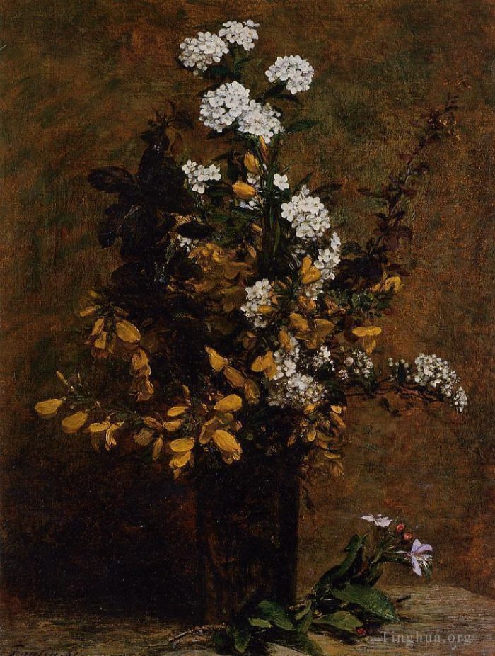 Henri Fantin-Latour Peinture à l'huile - Balai et autres fleurs printanières dans un vase