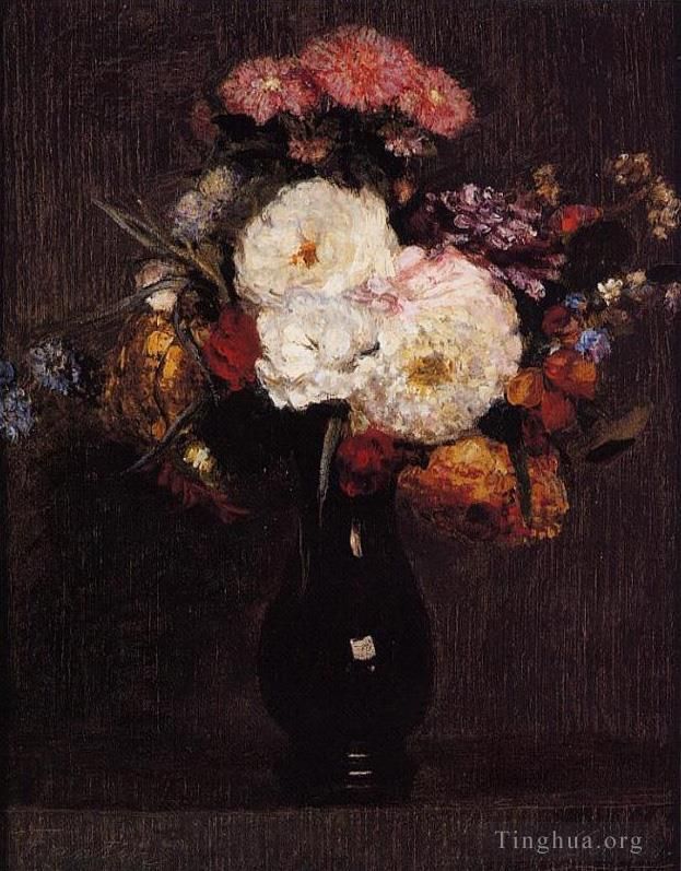 Henri Fantin-Latour Peinture à l'huile - Dahlias Reines Marguerites Roses et Bleuets