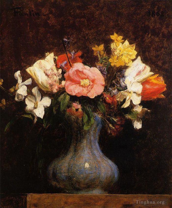 Henri Fantin-Latour Peinture à l'huile - Fleurs Camélias et Tulipes