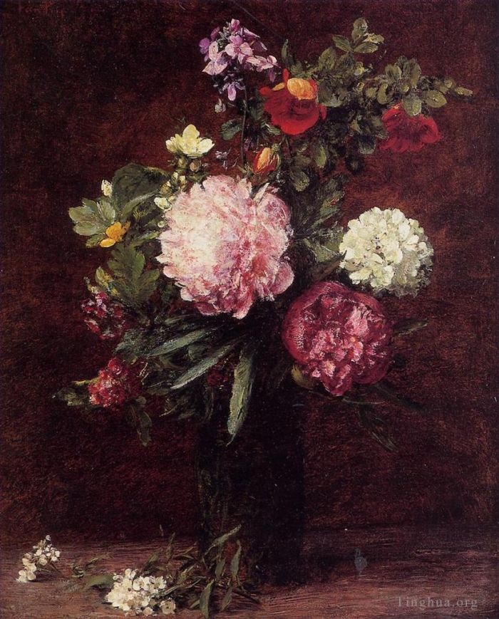 Henri Fantin-Latour Peinture à l'huile - Grand bouquet de fleurs avec trois pivoines