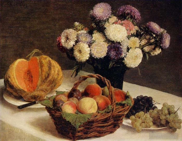 Henri Fantin-Latour Peinture à l'huile - Fleurs et fruits un melon