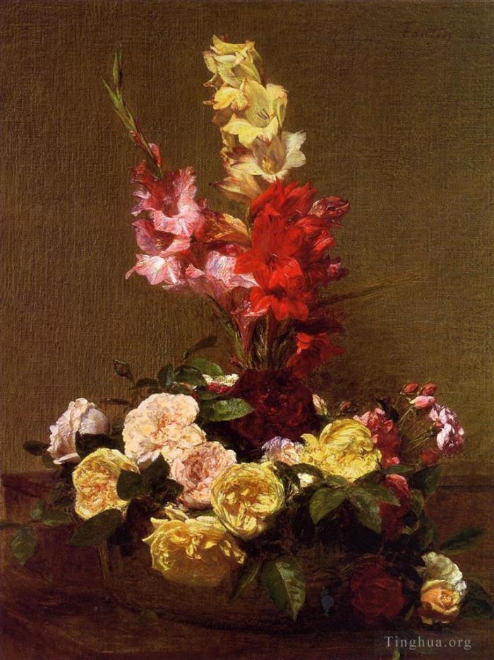 Henri Fantin-Latour Peinture à l'huile - Glaïeuls et roses