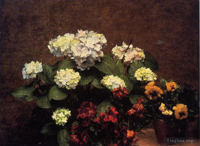 Henri Fantin-Latour Peinture à l'huile - Gousses d'hortensias et deux pots de pensées