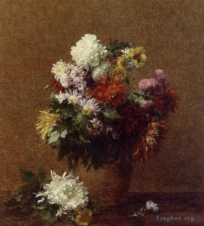 Henri Fantin-Latour Peinture à l'huile - Grand Bouquet de Chrysanthèmes