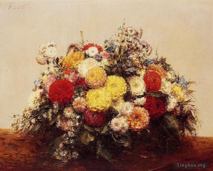 Henri Fantin-Latour Peinture à l'huile - Grand Vase de Dahlias et Fleurs Assorties