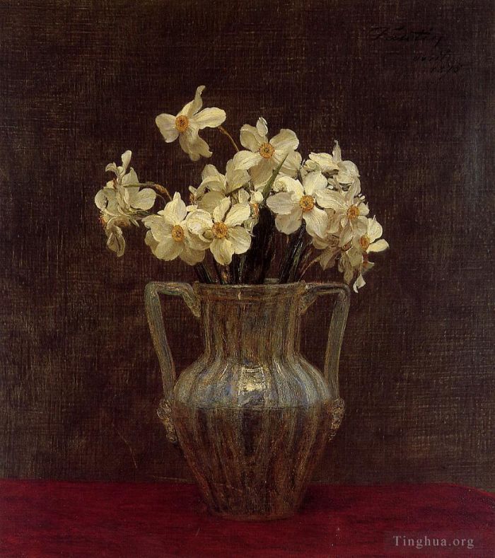 Henri Fantin-Latour Peinture à l'huile - Narcisses dans un vase en verre opalin