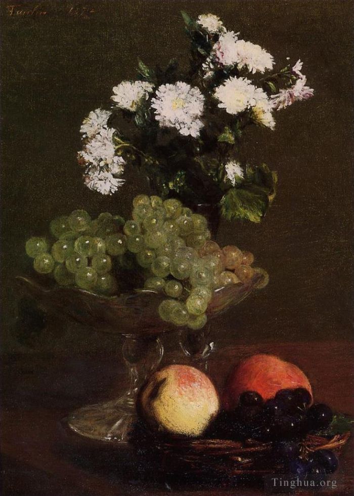 Henri Fantin-Latour Peinture à l'huile - Nature morte chrysanthèmes et raisins