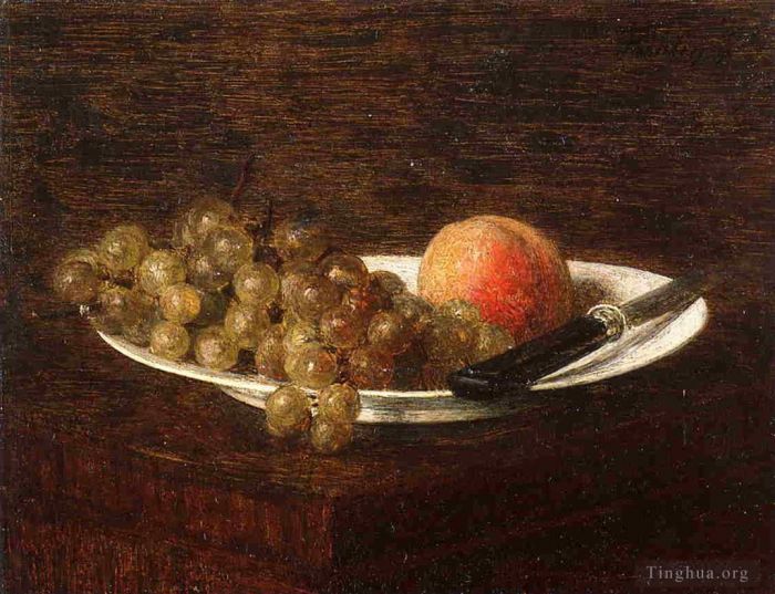 Henri Fantin-Latour Peinture à l'huile - Nature morte pêche et raisins