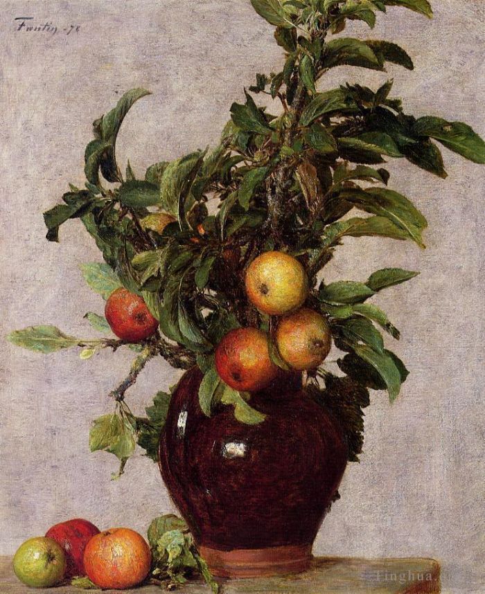 Henri Fantin-Latour Peinture à l'huile - Vase avec pommes et feuillage