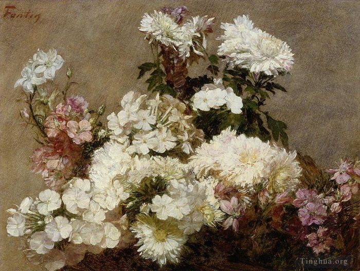 Henri Fantin-Latour Peinture à l'huile - Chrysanthème d'été et pied d'alouette Phlox blanc