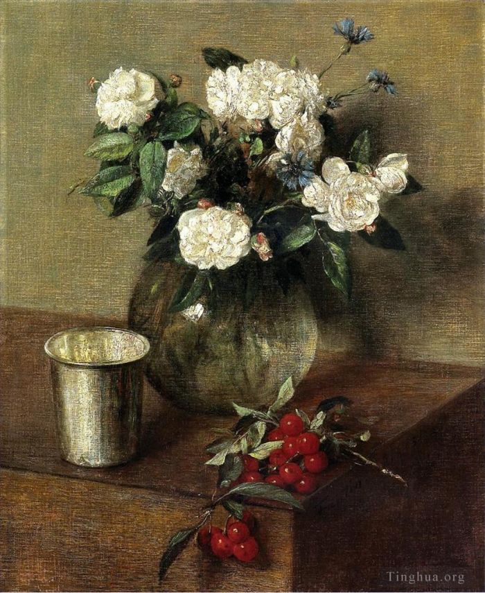 Henri Fantin-Latour Peinture à l'huile - Roses blanches et cerises
