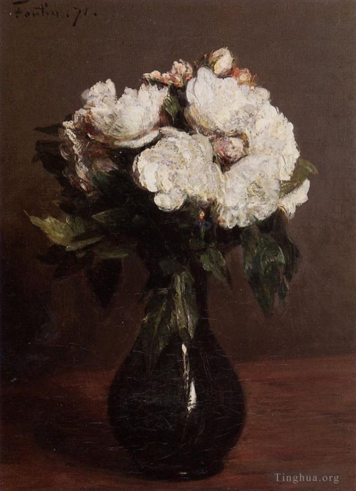 Henri Fantin-Latour Peinture à l'huile - Roses blanches dans un vase vert