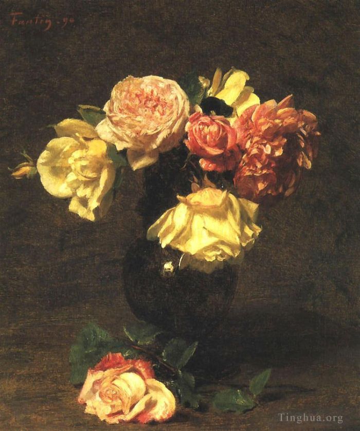 Henri Fantin-Latour Peinture à l'huile - Roses blanches et roses
