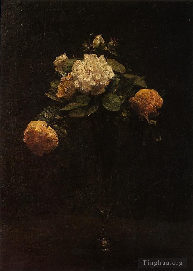 Henri Fantin-Latour Peinture à l'huile - Roses blanches et jaunes dans un grand vase