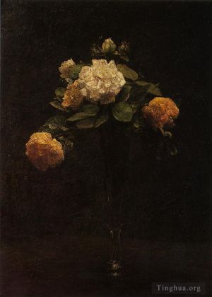 Henri Fantin-Latour œuvres - Roses blanches et jaunes dans un grand vase