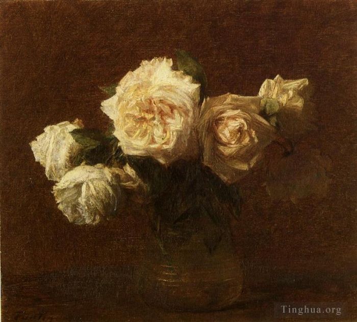 Henri Fantin-Latour Peinture à l'huile - Roses roses jaunes dans un vase en verre
