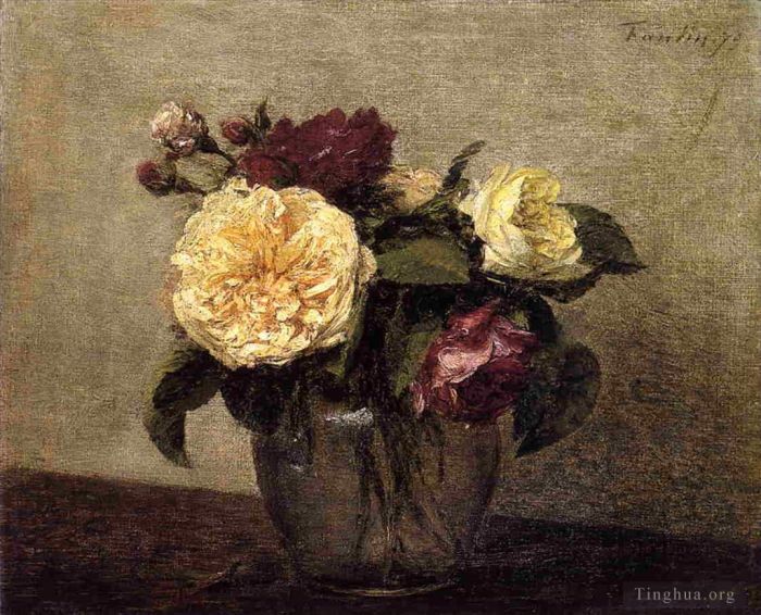 Henri Fantin-Latour Peinture à l'huile - Roses jaunes et rouges