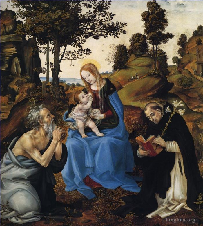 Filippino Lippi Peinture à l'huile - La Vierge à l'Enfant avec saint Jérôme et Dominique