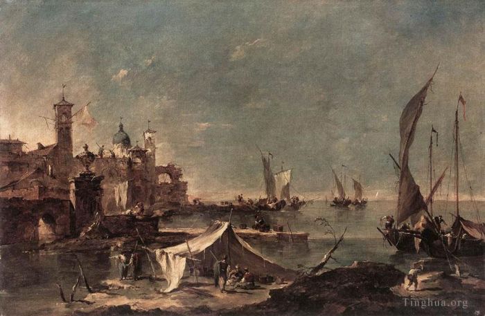 Francesco Guardi Peinture à l'huile - Paysage avec une tente de pêcheur