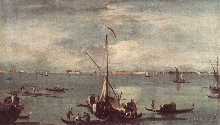 Francesco Guardi Peinture à l'huile - La lagune avec bateaux, gondoles et radeaux