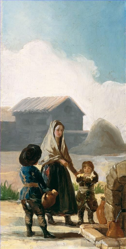 Francisco José de Goya y Lucientes Peinture à l'huile - Une femme et deux enfants près d’une fontaine