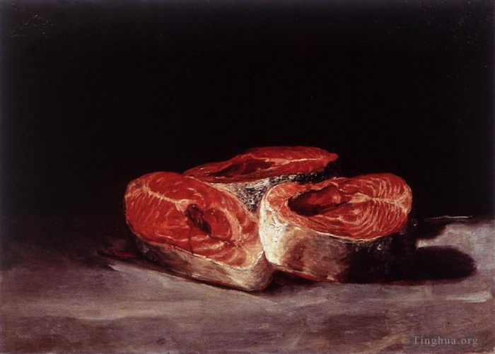 Francisco José de Goya y Lucientes Peinture à l'huile - Nature Morte Aux Trois Darnes De Saumon