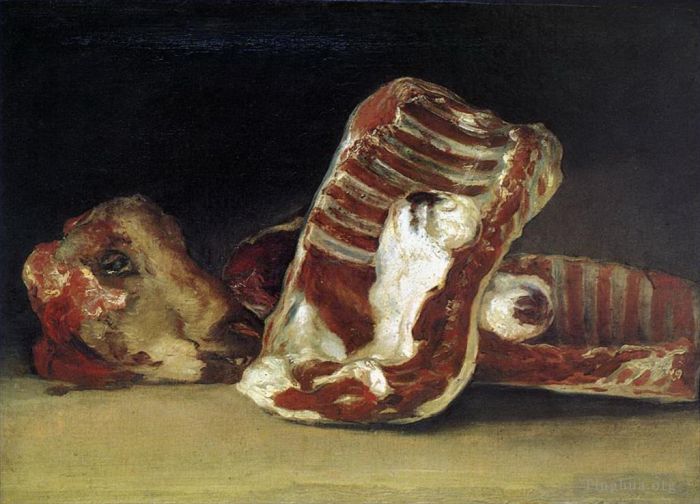 Francisco José de Goya y Lucientes Peinture à l'huile - Nature morte de côtes de mouton et comptoir de la tête du boucher