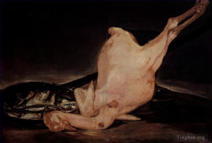 Francisco José de Goya y Lucientes Peinture à l'huile - Nature morte dinde plumée et poêle avec du poisson