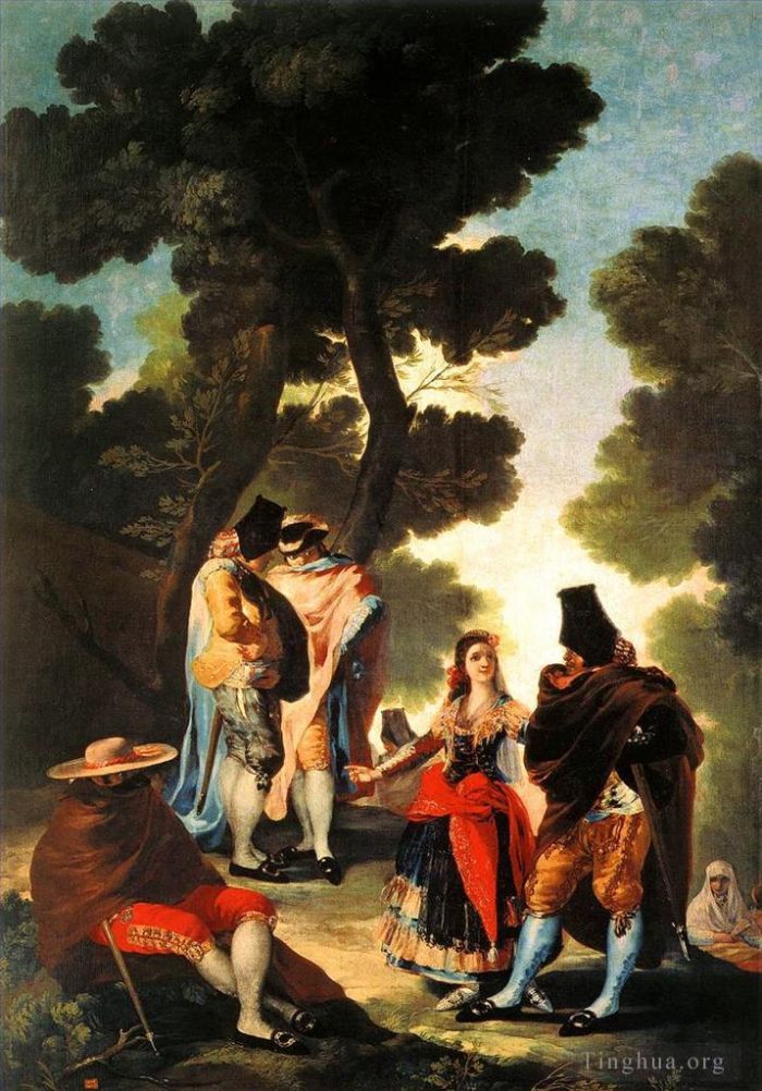 Francisco José de Goya y Lucientes Peinture à l'huile - La Maja et les hommes masqués