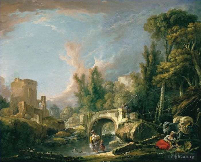 François Boucher Peinture à l'huile - Paysage fluvial avec ruine et pont