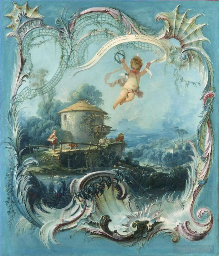 François Boucher Peinture à l'huile - La Maison Enchantée Un paysage pastoral surmonté d'Amour