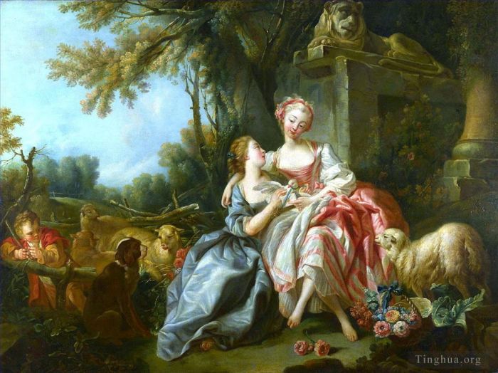 François Boucher Peinture à l'huile - La lettre d'amour rose