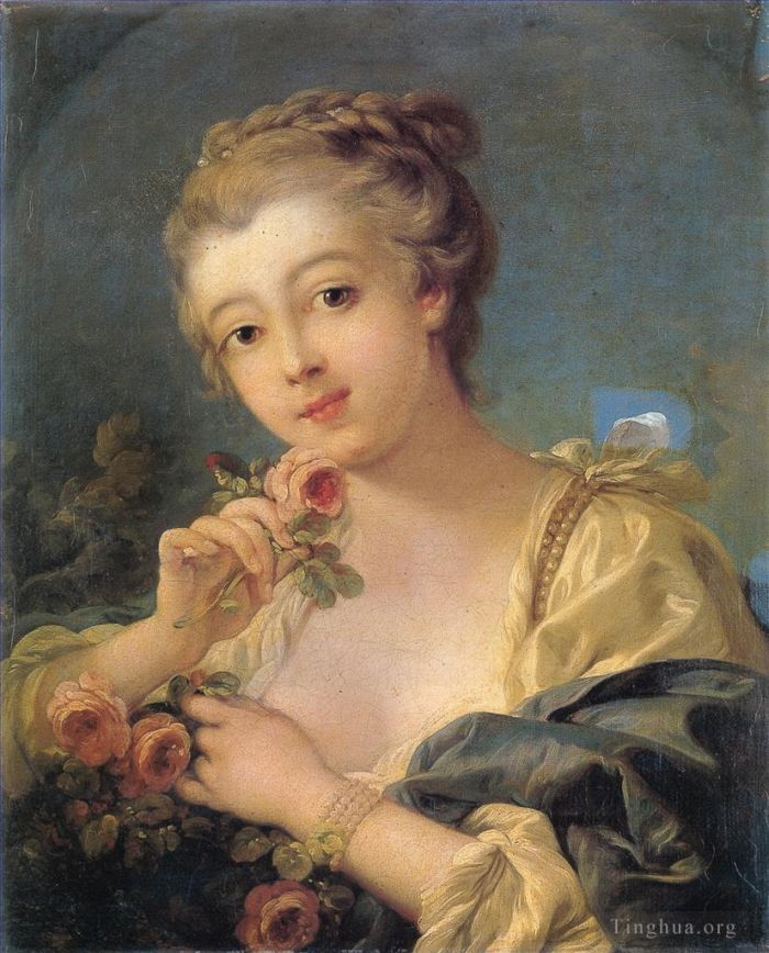 François Boucher Peinture à l'huile - Jeune femme au bouquet de roses François Boucher