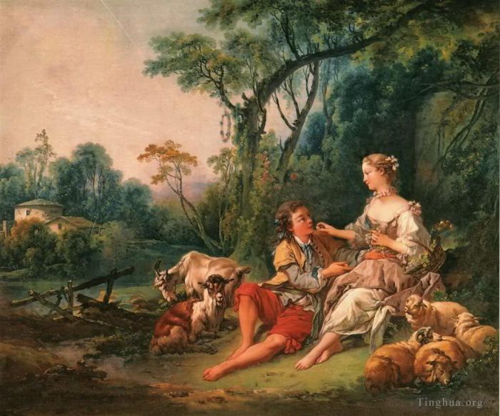 François Boucher Peinture à l'huile - Amoureux des bergers