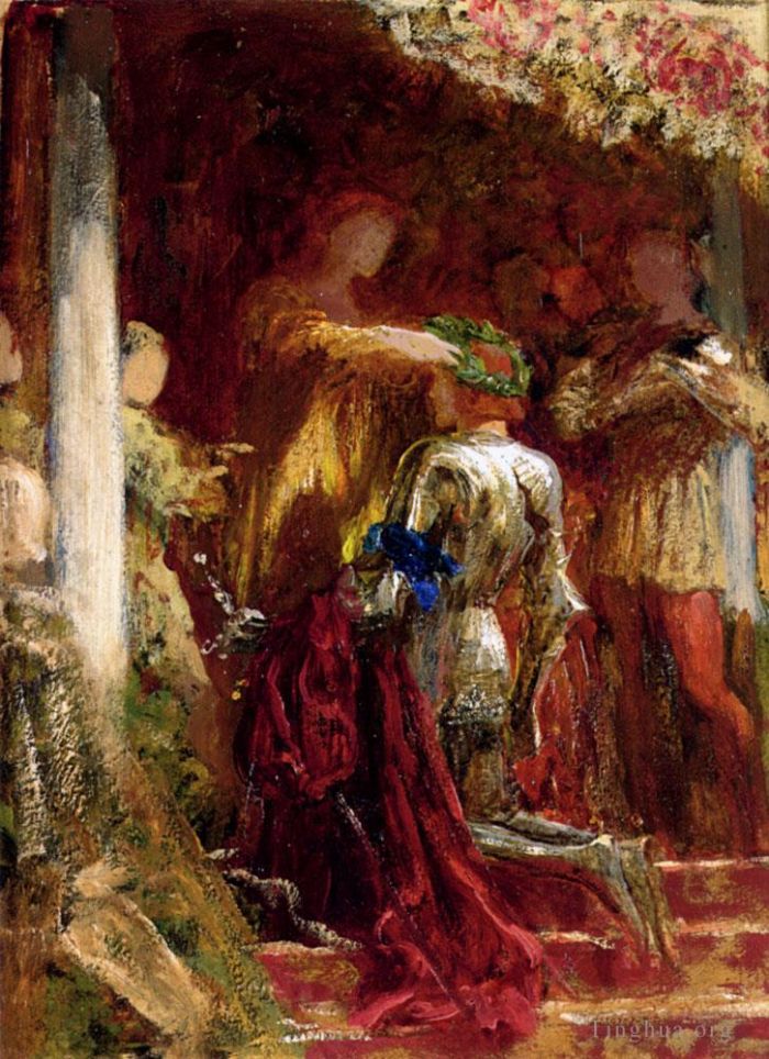 Frank Bernard Dicksee Peinture à l'huile - Victoire d'un chevalier couronné d'une couronne de laurier